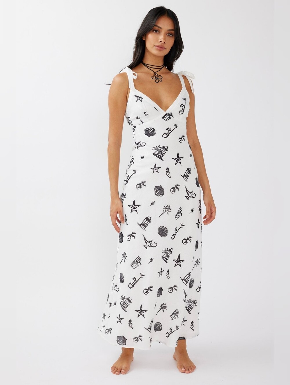 NWT INDI LUXE Jaya Tied Shoulder White Black Maxi Dress Nautical Resort Medium